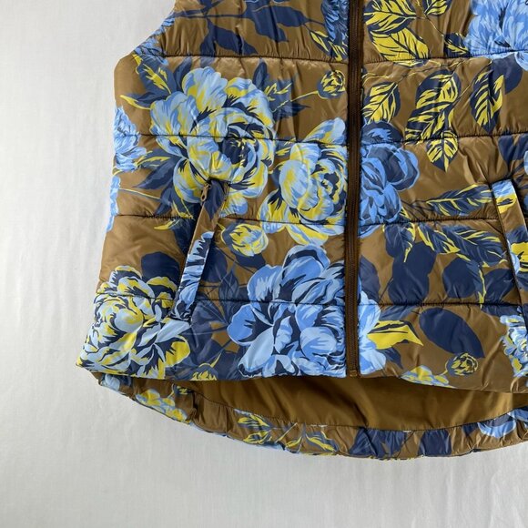 Offline by Aerie Floral Puffer Vest Womens L Full Zip Hooded Quilted Brown Blue - Picture 6 of 13